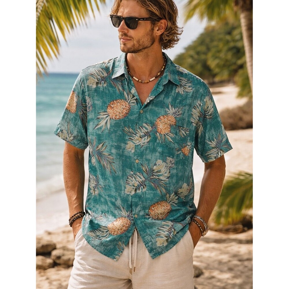 Island Shores Teal Pineapple Tropical Button Up Shirt XL Hawaiian Washed Silk